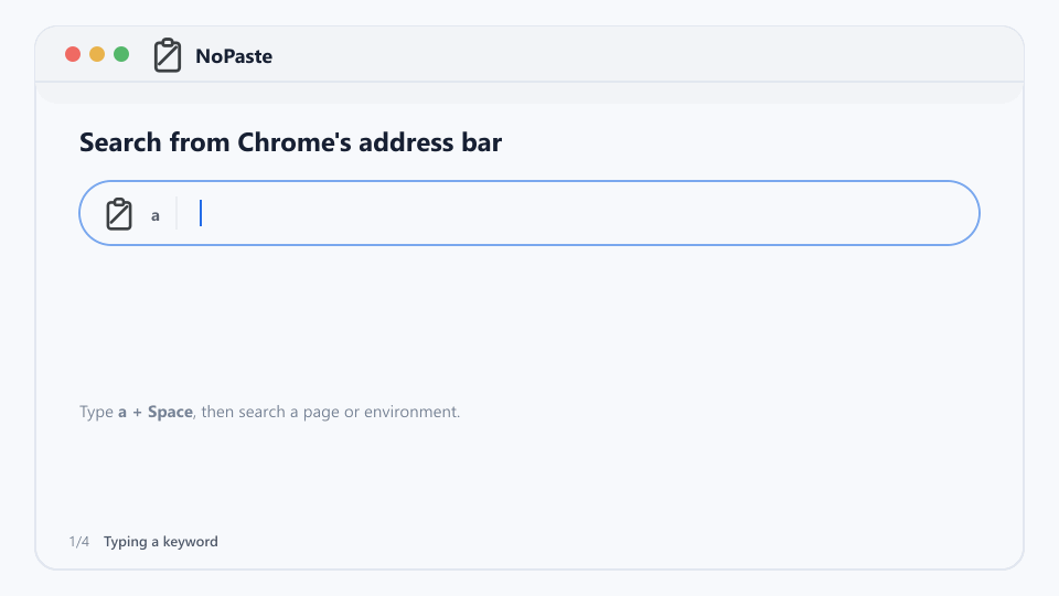 Animated NoPaste workflow: search for a work URL from Chrome's address bar, open the matched Test page, and optionally fill saved fields on an authorized site.